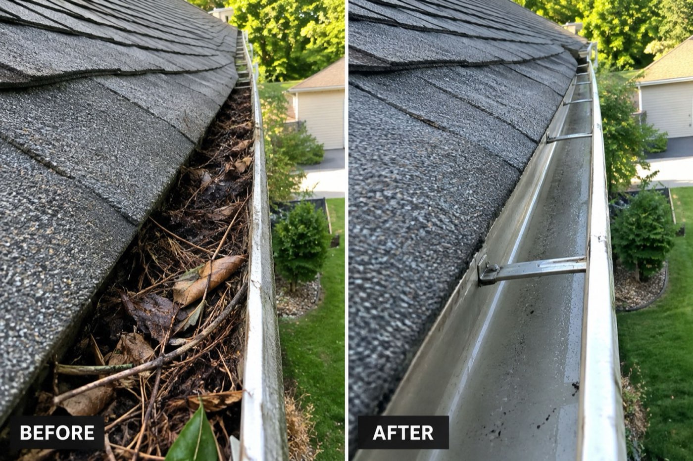 Before and after gutter cleaning in Paola, Kansas — leaves and debris removed